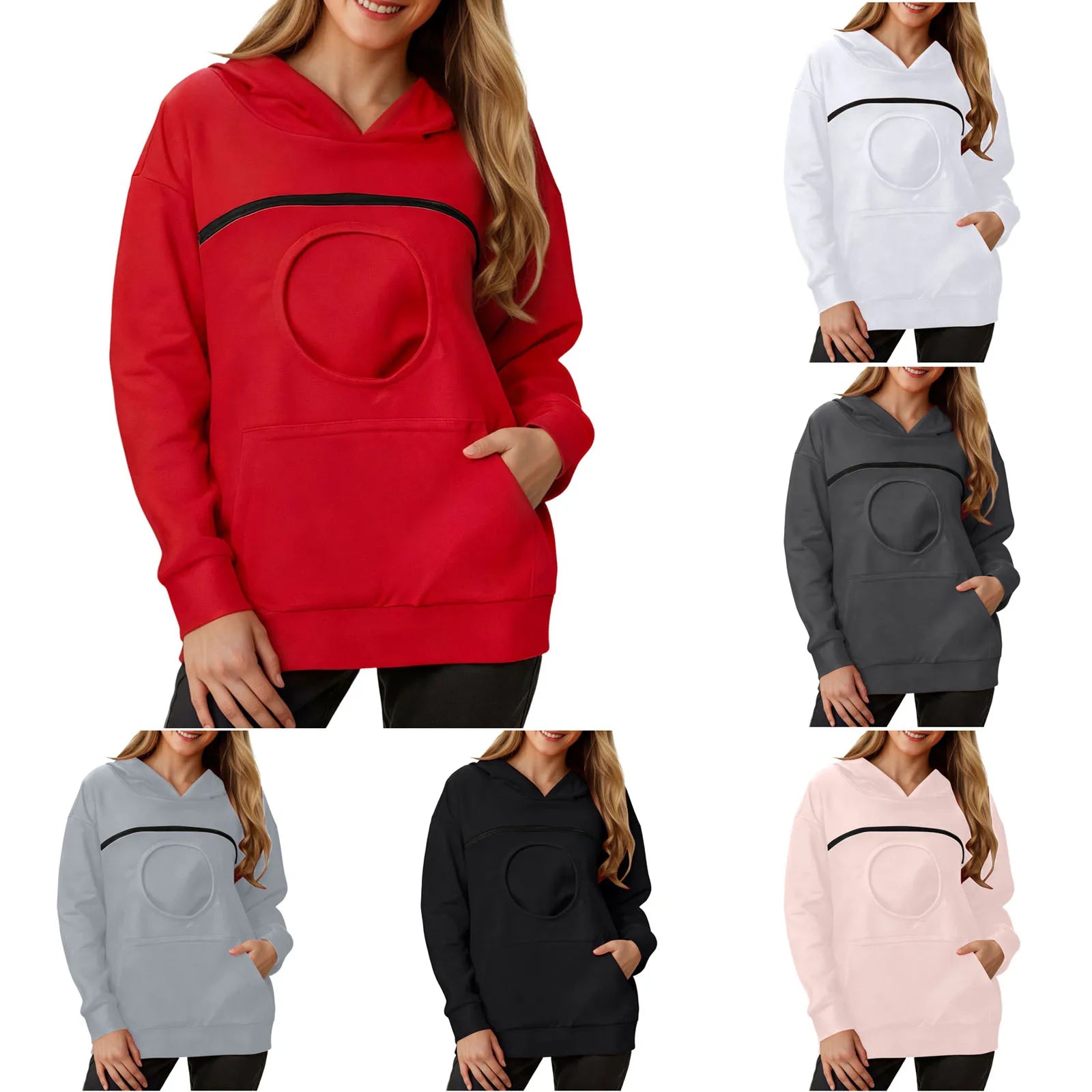 Assorted colors of women's kangaroo pet hoodie with a pouch for carrying small pets