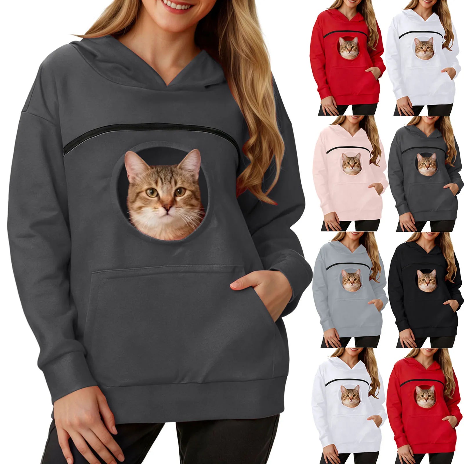 Women's kangaroo pet hoodie featuring a cute cat design with a front pocket for pets