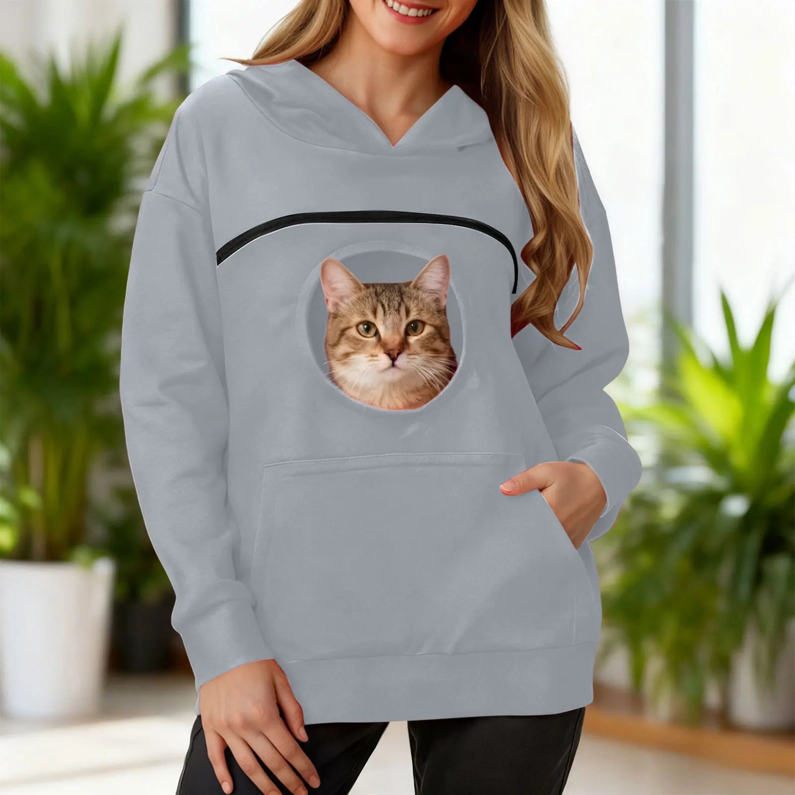 Women's kangaroo pet hoodie in gray with a front pocket for cuddly cats