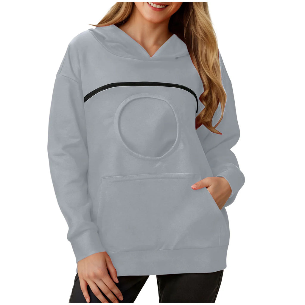 Light gray women's kangaroo pet hoodie with a front pocket and stylish design for animal lovers