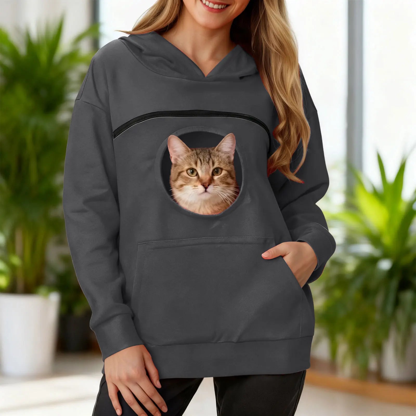 Women's kangaroo pet hoodie with a front pocket for carrying pets comfortably