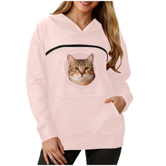 Women's kangaroo pet hoodie in pink featuring a front pocket for your cat