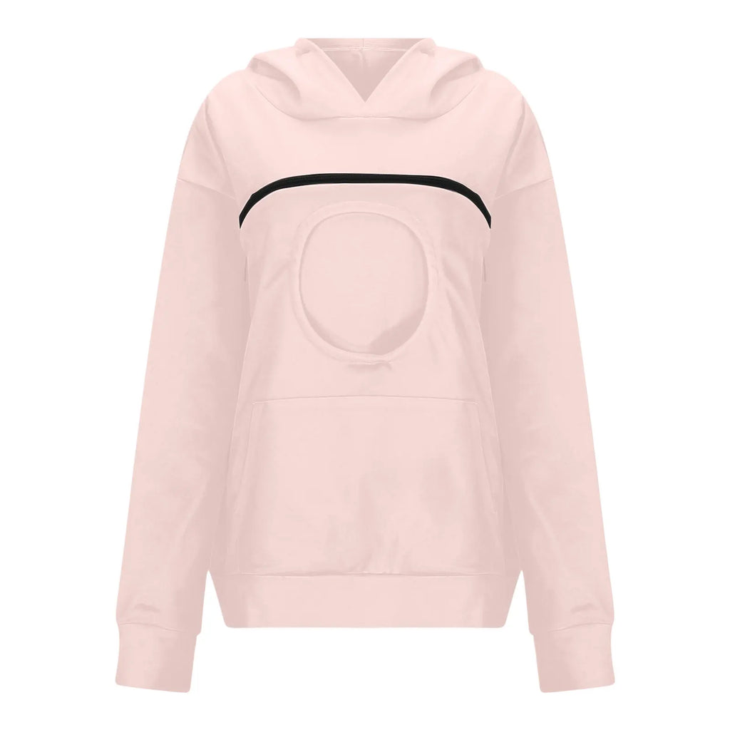 Light pink women's kangaroo pet hoodie with a front pocket and pet pouch for style and comfort