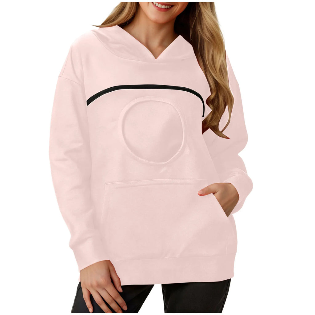Light pink women's kangaroo pet hoodie with a pocket and stylish black accent for pet owners