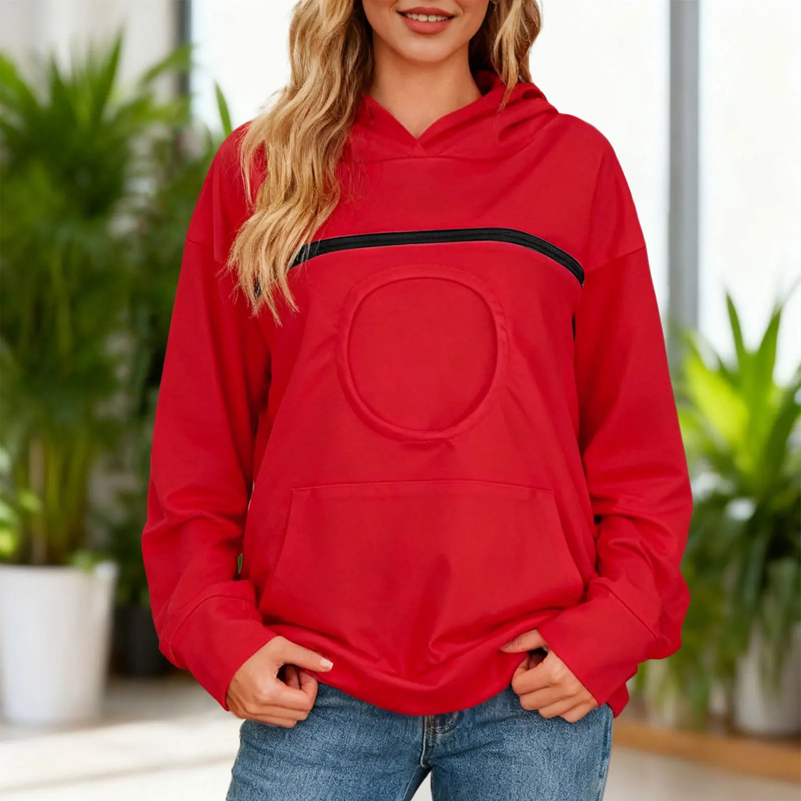 Bright red women's kangaroo pet hoodie with a large front pocket and cozy fit for pet lovers