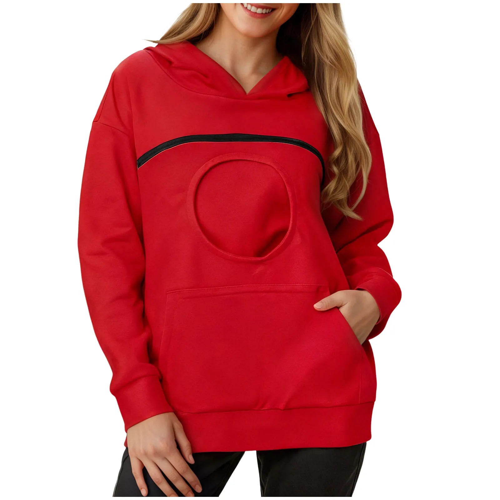 Red women's kangaroo pet hoodie with a front pocket for carrying pets comfortably