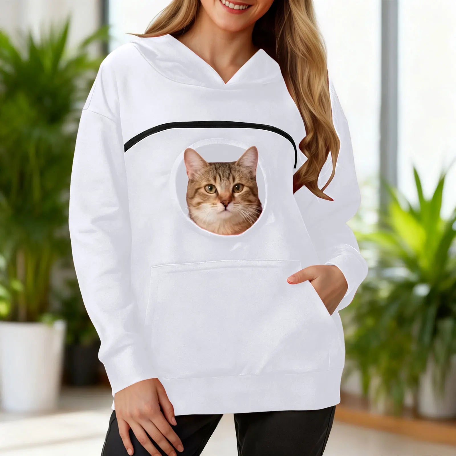 White women's kangaroo pet hoodie with a pocket for a pet cat to snuggle comfortably