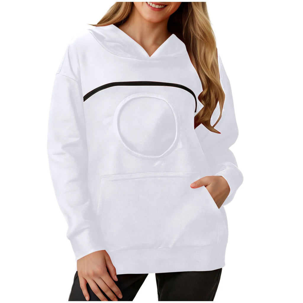 White women's kangaroo pet hoodie with a front pocket and stylish design for pet lovers