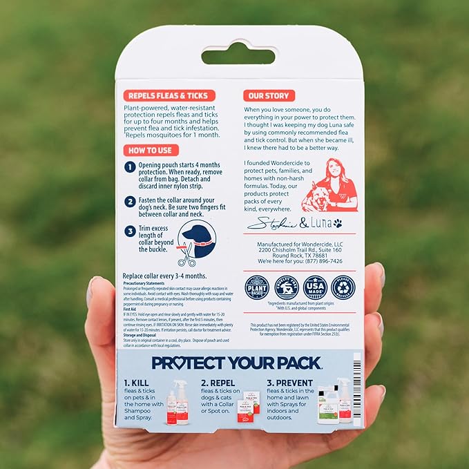 Back view of Wondercide flea and tick collar packaging showing usage instructions and product details
