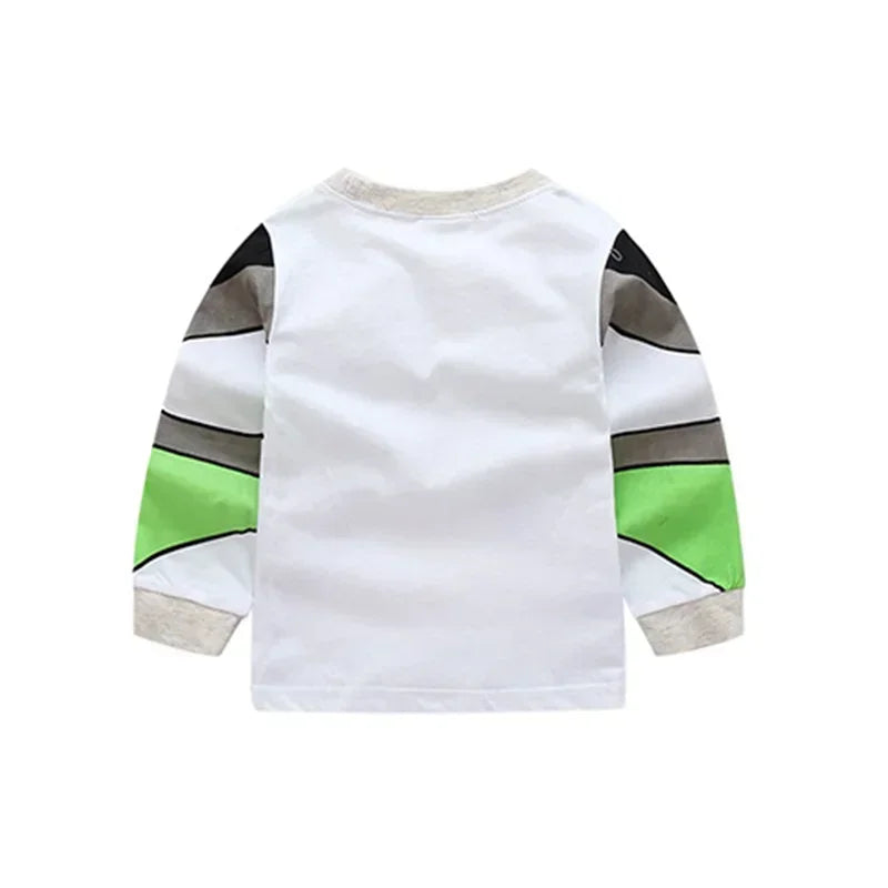 Back view of Woody and Buzz Lightyear costume pajama set featuring vibrant designs on sleeves