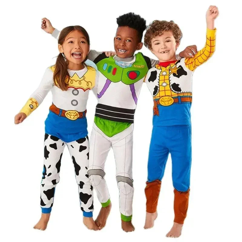 Kids wearing Woody and Buzz Lightyear costume pajama set with vibrant colors and fun designs