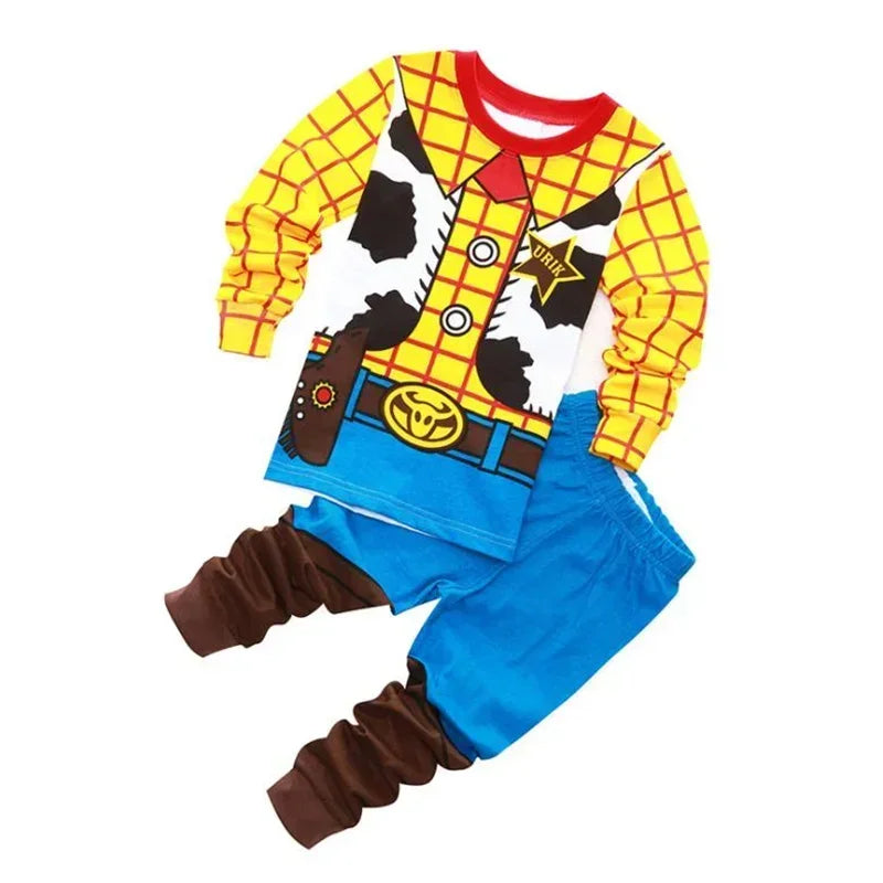 Woody and Buzz Lightyear costume pajama set featuring a vibrant Woody top and cozy blue pants