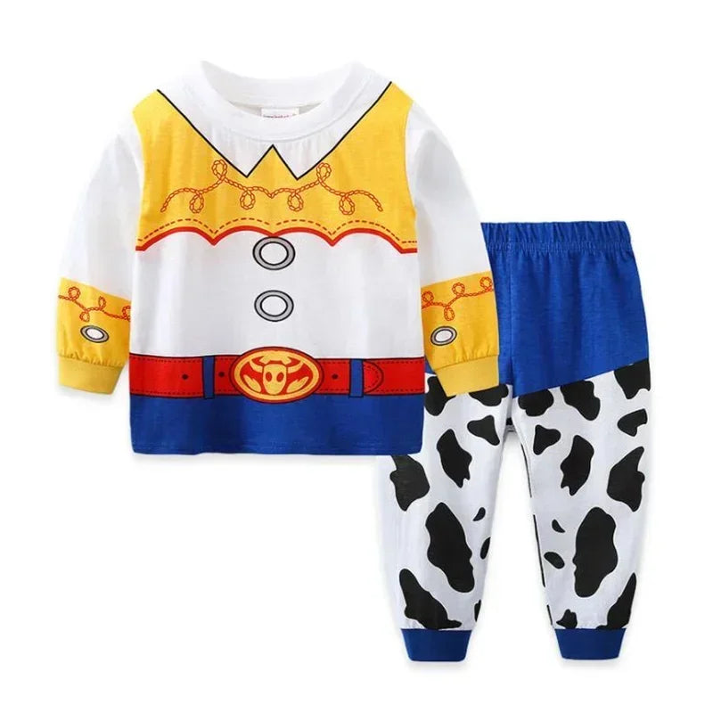 Woody and Buzz Lightyear costume pajama set featuring a colorful shirt and cow-print pants