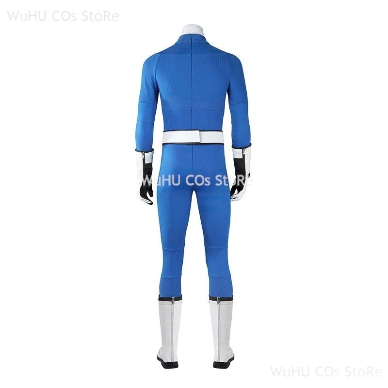 Fantastic Four blue jumpsuit cosplay featuring a sleek design and form-fitting silhouette