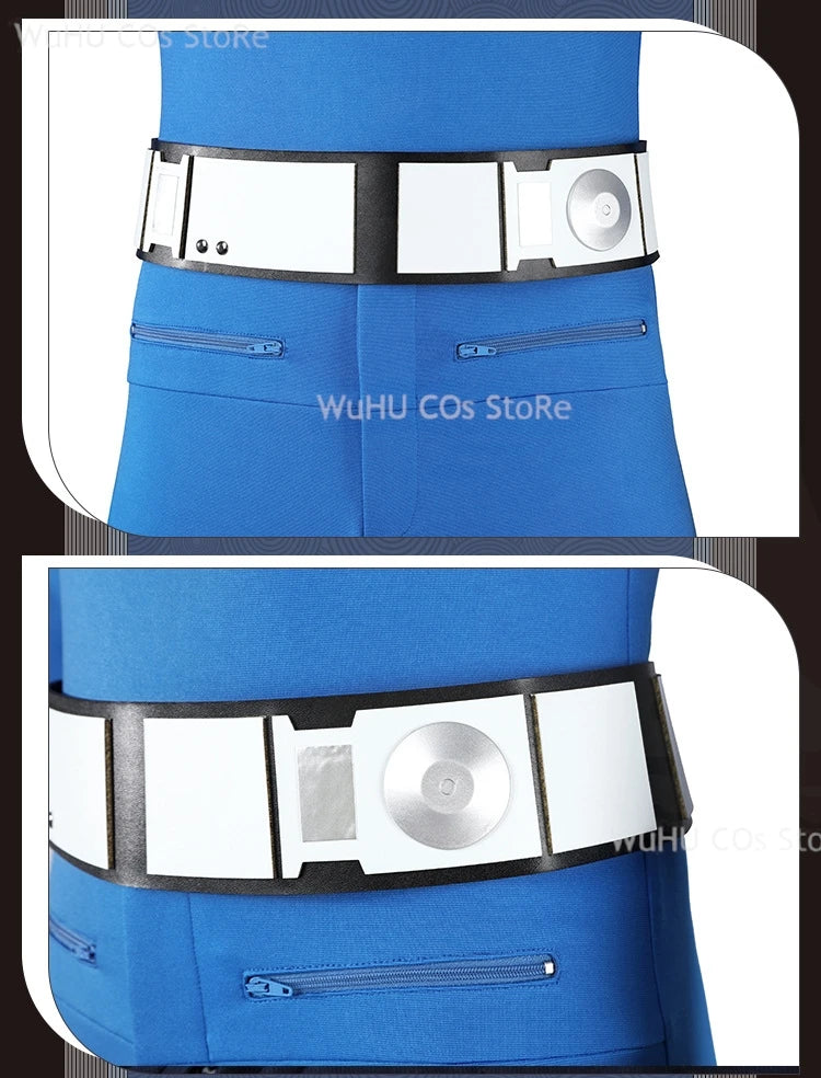 Close-up of Fantastic Four blue jumpsuit cosplay with a detailed utility belt and zip pockets