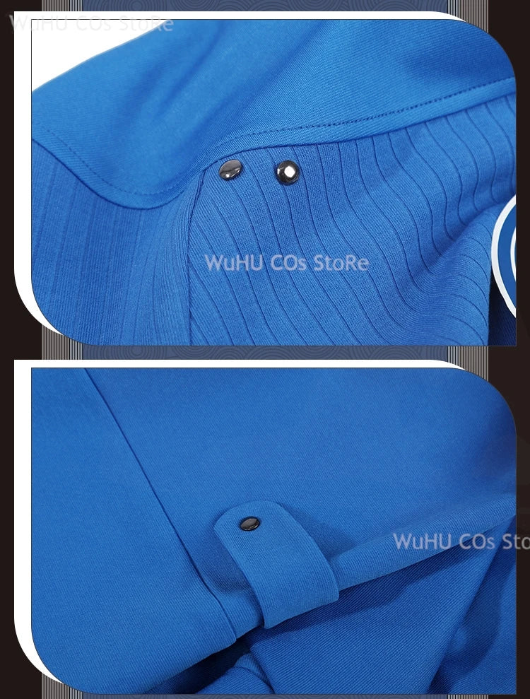 Detailed view of the Fantastic Four blue jumpsuit cosplay highlighting stitching and button features