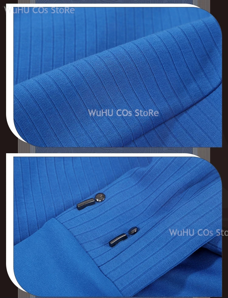 Close-up of the fabric and details of the Fantastic Four blue jumpsuit cosplay by Zoomies & Co