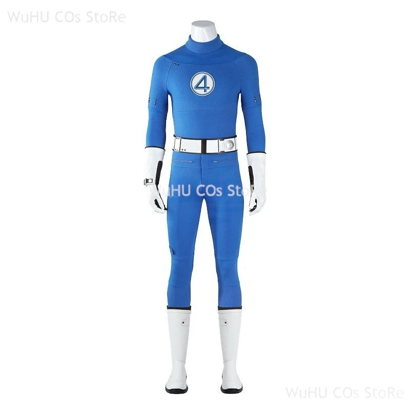 Fantastic Four blue jumpsuit cosplay with emblem and sleek design for superhero enthusiasts