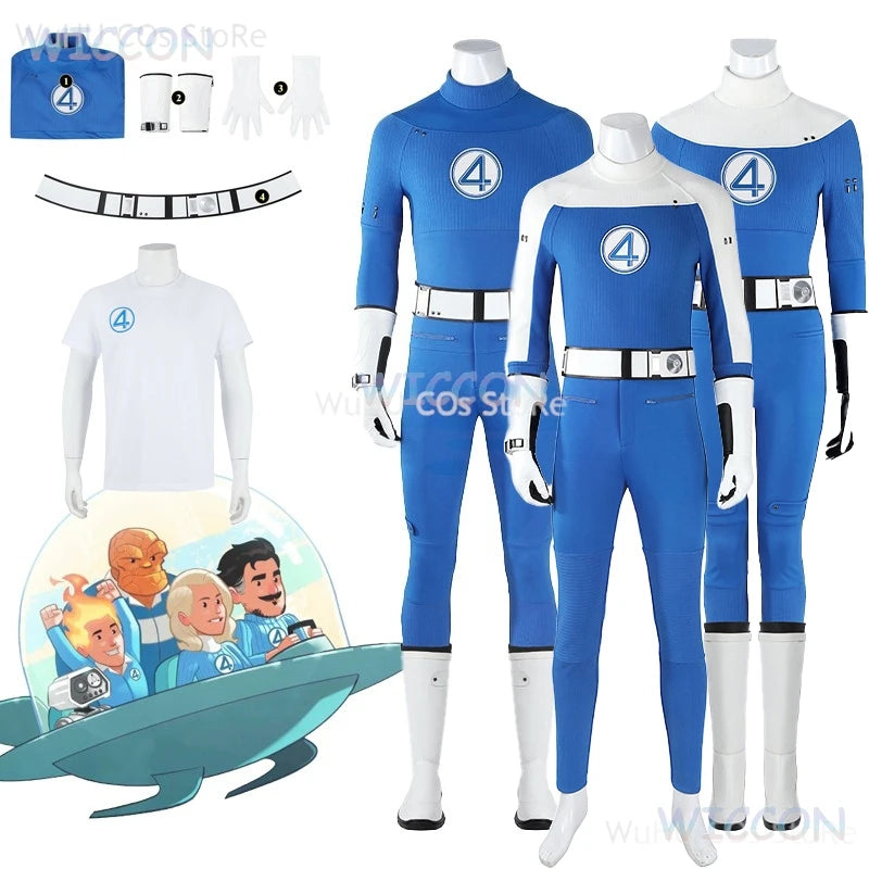 Fantastic Four blue jumpsuit cosplay set including gloves, belt, and shirt for superhero fans