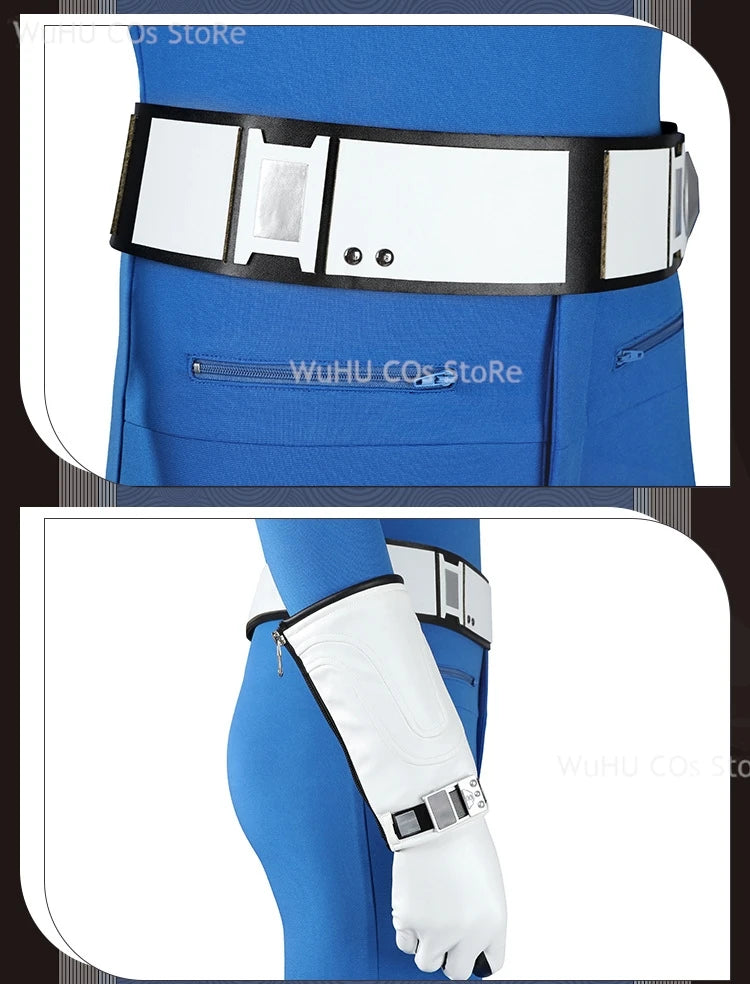 Fantastic Four blue jumpsuit cosplay featuring a sleek design with white belt and arm details