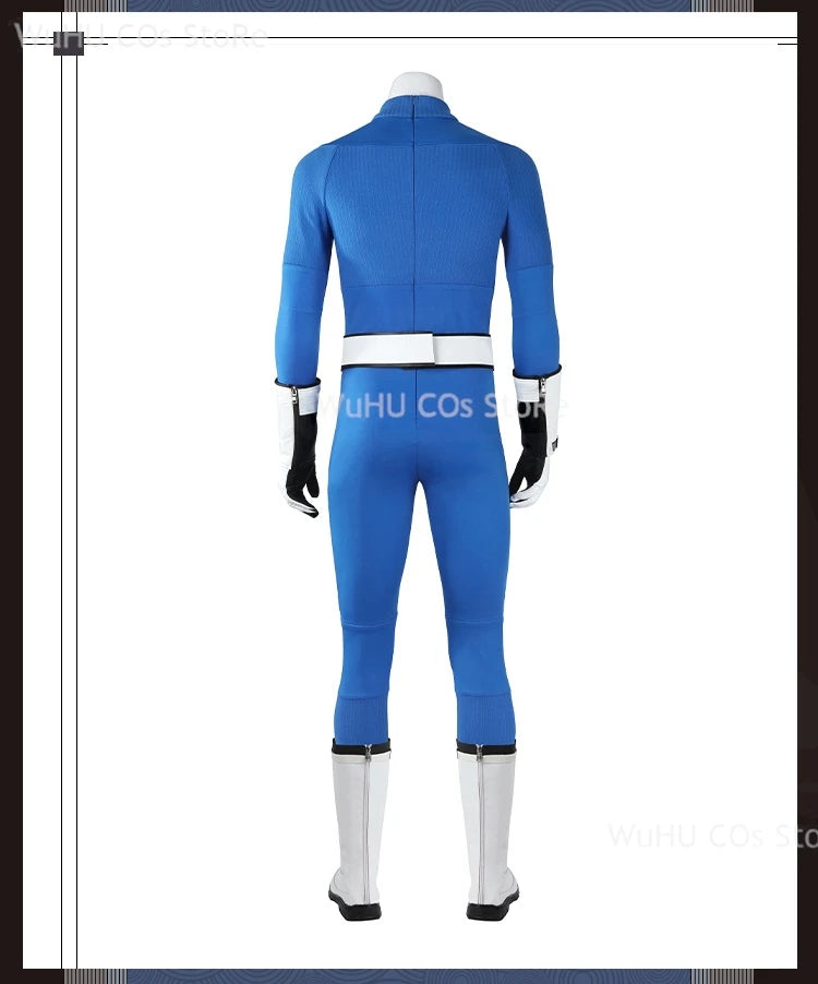 Fantastic Four blue jumpsuit cosplay featuring a sleek design with fitted sleeves and pants