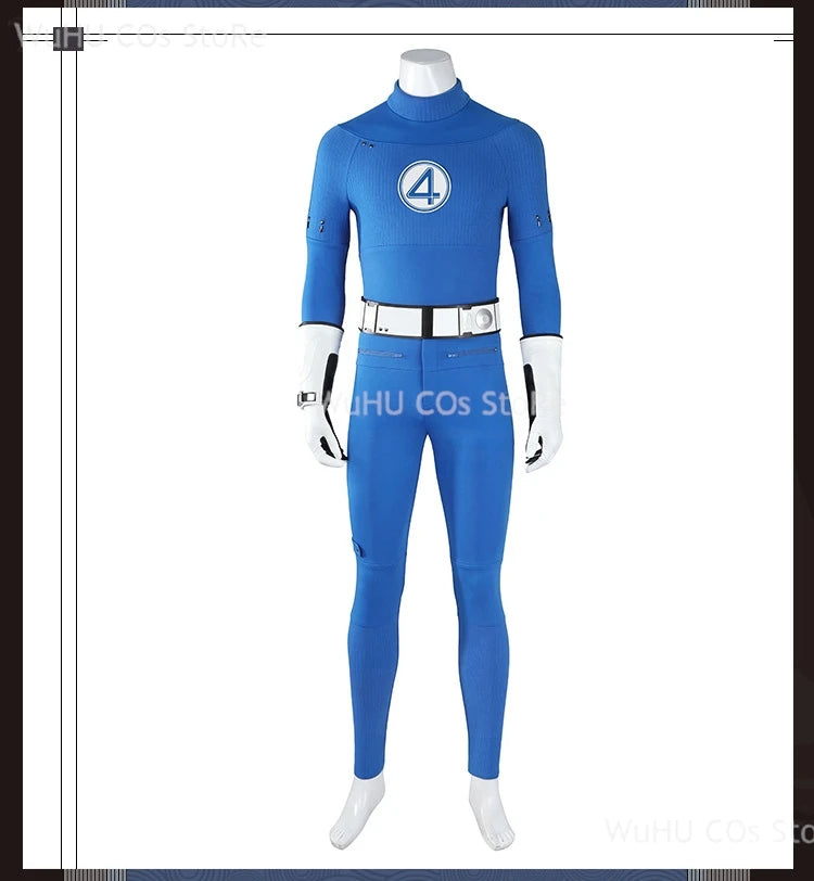 Fantastic Four blue jumpsuit cosplay with logo and belt for superhero costume fans