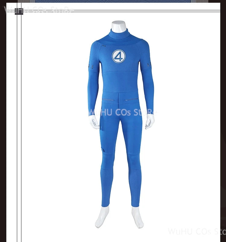 Fantastic Four blue jumpsuit cosplay for superheroes, featuring iconic logo and sleek design