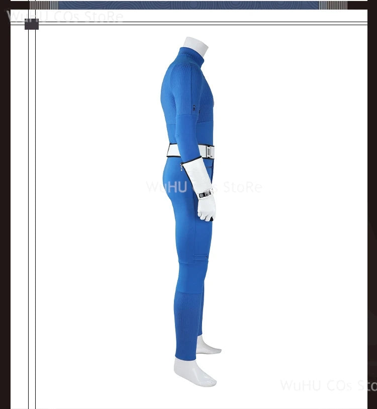 Fantastic Four blue jumpsuit cosplay with a sleek design for superhero fans