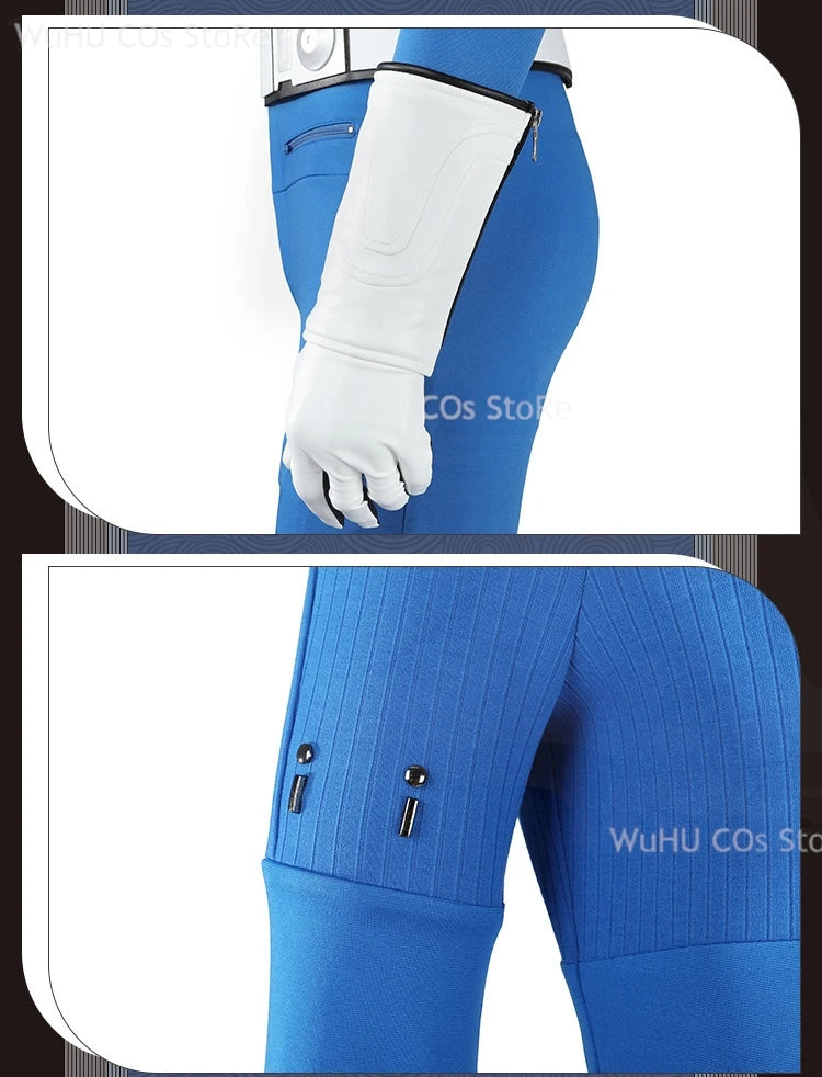 Close-up of Fantastic Four blue jumpsuit cosplay featuring detailed gloves and ribbed pants design