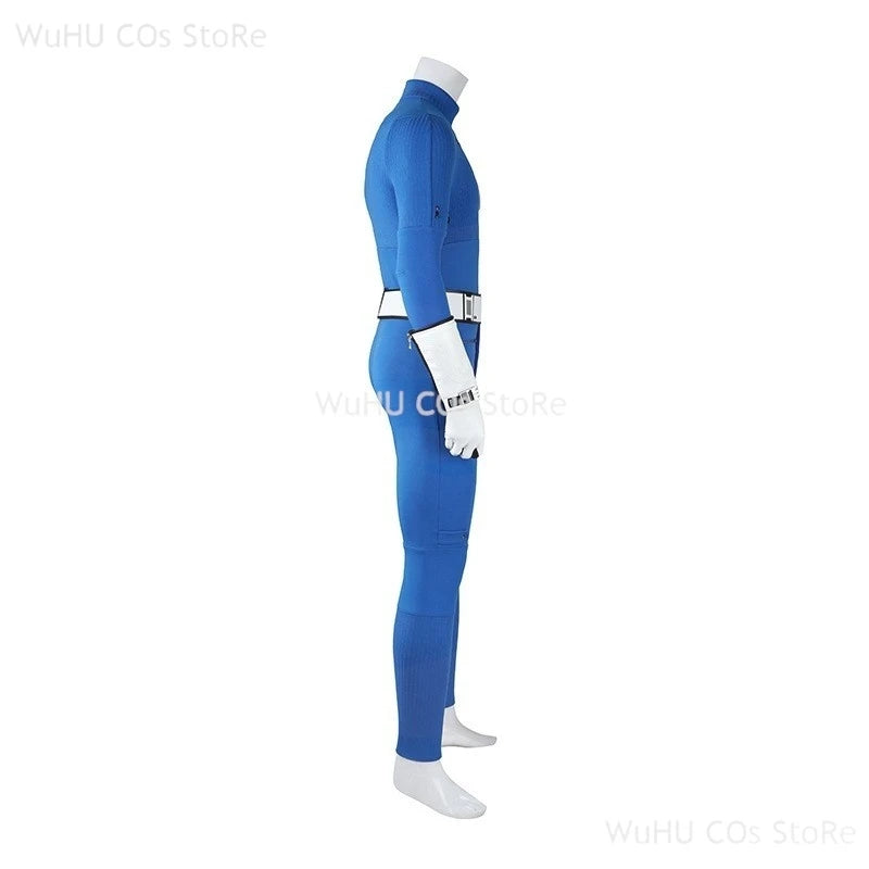 Fantastic Four blue jumpsuit cosplay featuring a snug fit and white belt for superhero fans