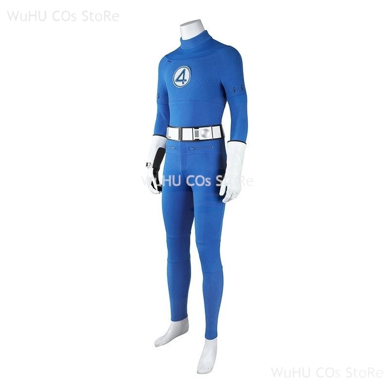 Fantastic Four blue jumpsuit cosplay featuring a sleek design and emblem for superhero fans