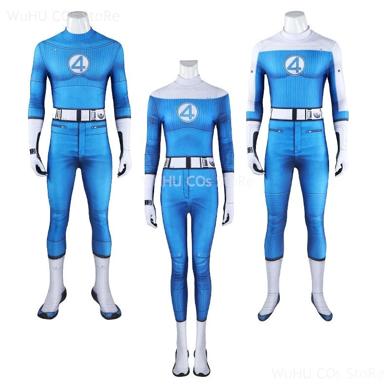 Fantastic Four blue jumpsuit cosplay featuring long sleeves and superhero logo, ideal for events