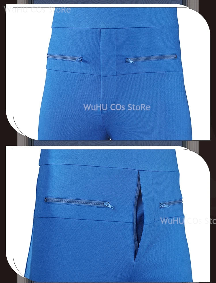 Fantastic Four blue jumpsuit cosplay with detailed zipper pockets for authentic superhero look