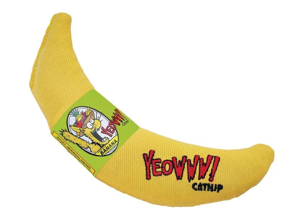 Yellow Yeowww banana cat toy with catnip and green label from My Store