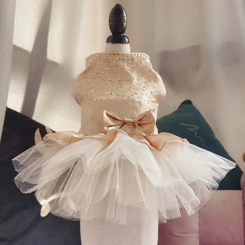 Yorkie summer princess dress with pearls and tulle skirt for small dogs, perfect for special occasions