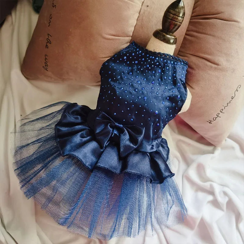Navy Yorkie summer princess dress with sparkly embellishments and a layered tulle skirt