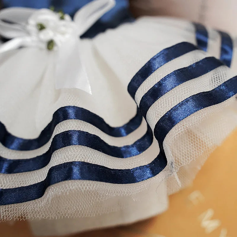 Yorkie summer princess dress with white tulle and blue satin stripes for stylish dogs