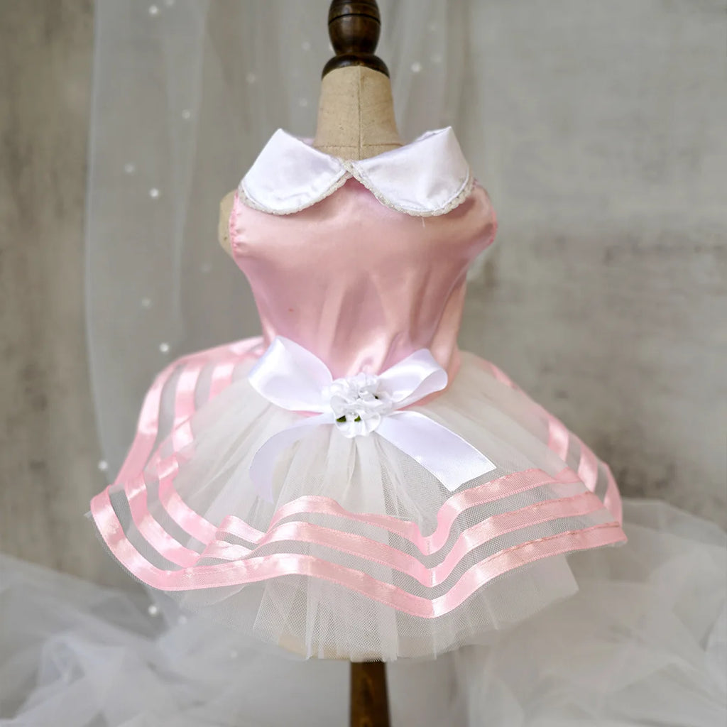Yorkie summer princess dress in pink satin with a white collar and tulle skirt for stylish dog outfits