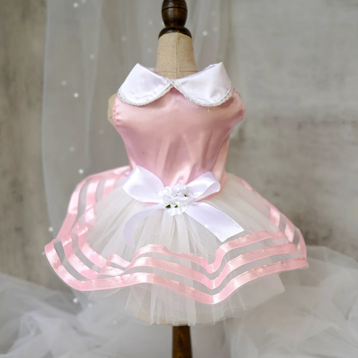 Yorkie summer princess dress in pink satin with a white collar and tulle skirt for stylish dog outfits