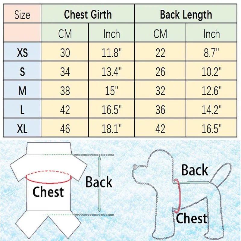 Size chart for Yorkie summer princess dress with measurements for chest girth and back length in inches and centimeters