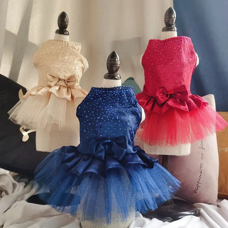 Yorkie summer princess dress set in pink, navy, and cream with elegant bows and tulle skirts