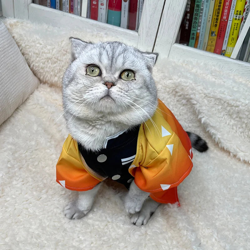 Adorable cat wearing a Zenitsu pet cosplay costume with vibrant colors and cute details