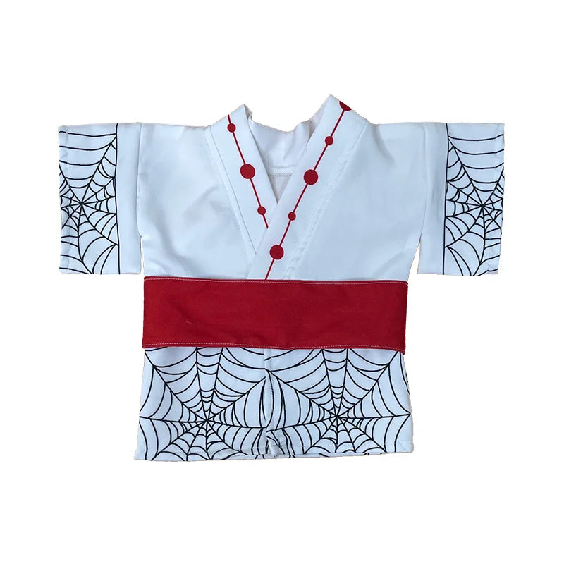 Zenitsu pet cosplay costume featuring a white and red kimono with spider web designs