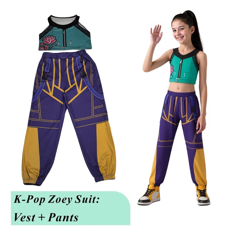 Zoey K-Pop Hunters cosplay costume for kids featuring a colorful vest and pants set