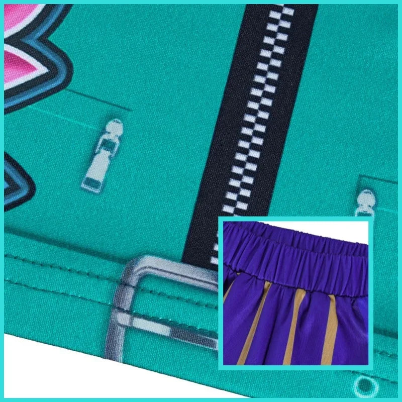 Close-up of Zoey K-Pop Hunters cosplay costume for kids showcasing colorful fabric and design details