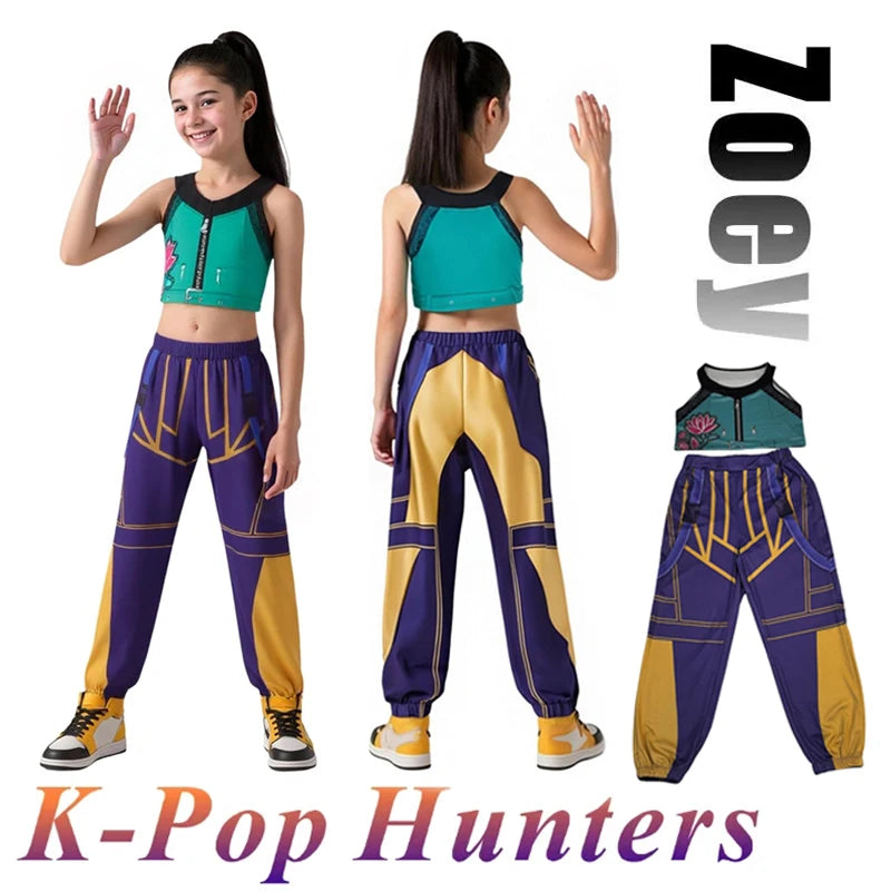 Zoey K-Pop Hunters cosplay costume for kids featuring a colorful crop top and matching jogger pants
