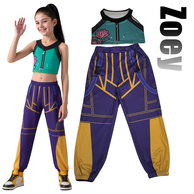 Kids wearing Zoey K-Pop Hunters cosplay costume featuring a crop top and stylish jogger pants