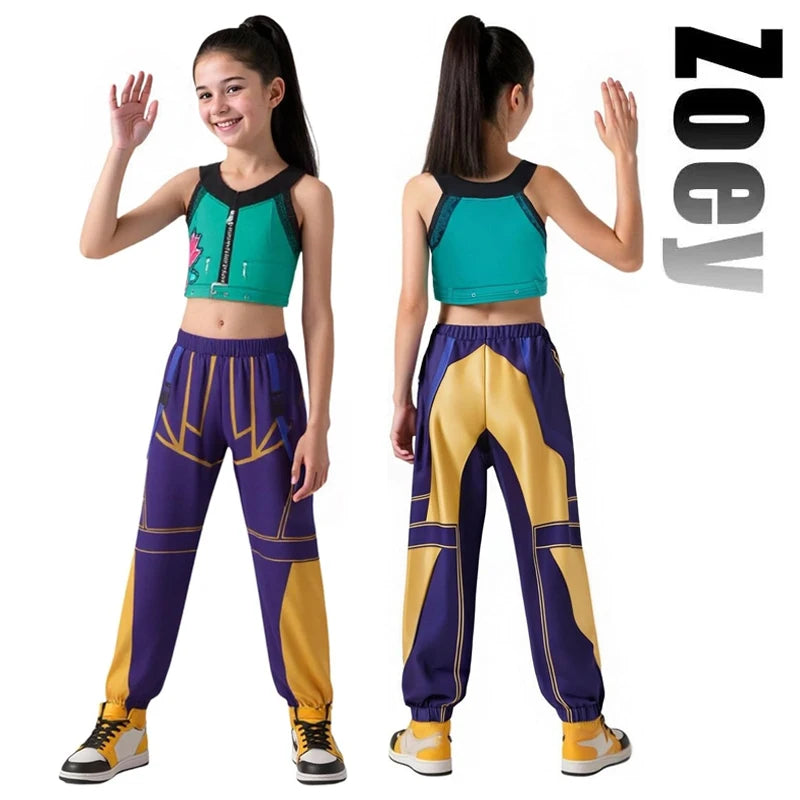 Zoey K-Pop Hunters cosplay costume for kids featuring a colorful top and stylish pants