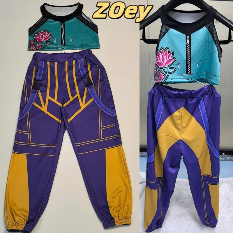 Zoey K-Pop Hunters cosplay costume for kids featuring a colorful crop top and matching pants