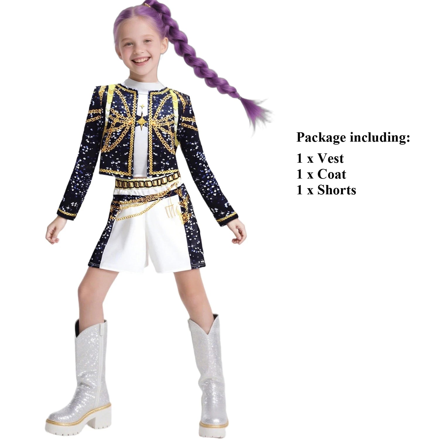 Zoey Rumi Mira cosplay outfit featuring a vest, coat, and shorts with stylish design